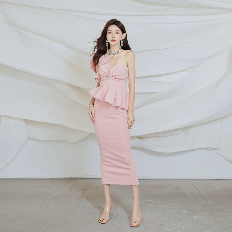 DOLLY Elegant French Style Off Shoulder Ruffle Short Top+ High Waist Skirt-LOIS