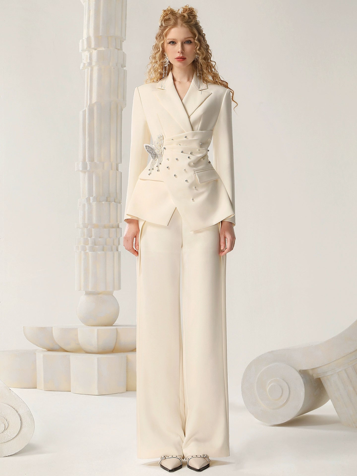 CHECOCRE Stubble temperament commuter bow diamond irregular jacket pleated skirt - ANGEL.