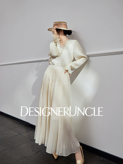 DGU| Beige New High-End Ruffled Lace Stitching Design Long-Sleeved Top - RUBY.