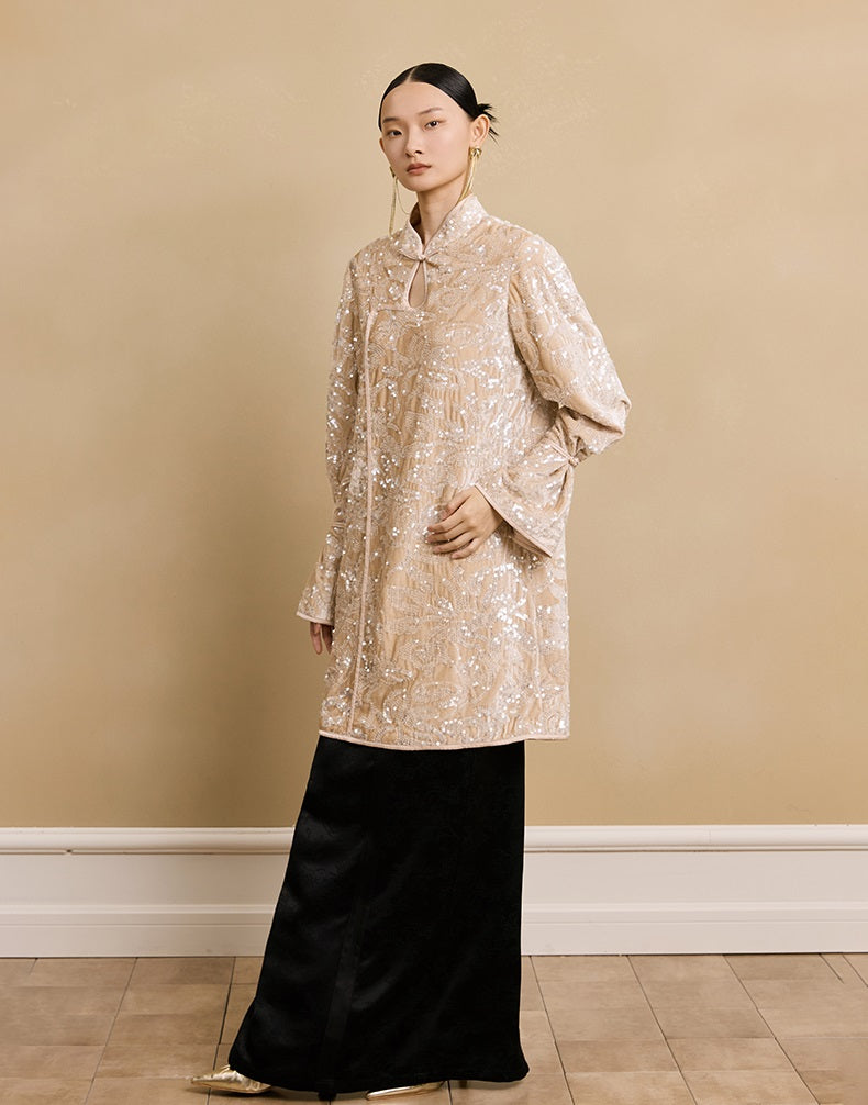 HECO floral sequins embroidery long sleeve short DRESS  - CUTE.