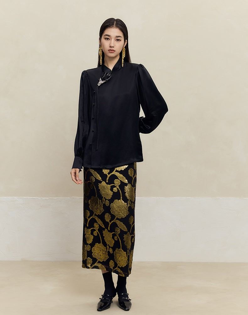 HECO 100% mulberry silk black Cut Flower Silk Skirt Women - power.
