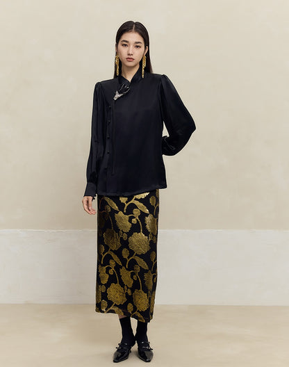 HECO 100% mulberry silk black Cut Flower Silk Skirt Women - power.