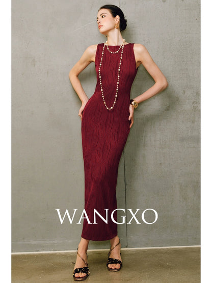 WANGXO | Textured 4D Stretch Knit Water Wave Weave Boat Neck Slim Fit Sleeveless Dress with Sculpted Flow -RÉMI