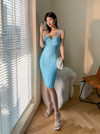 DOLLY Elegant Blue Deep V-Neck Sleeveless Knitted Body Hug Party Dress-KAREN