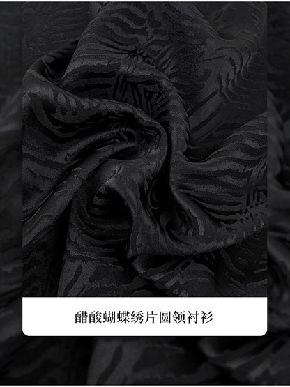 HECO Jacquard Round Neck Short Sleeve Black White Shirt Top Woman - GRACE.