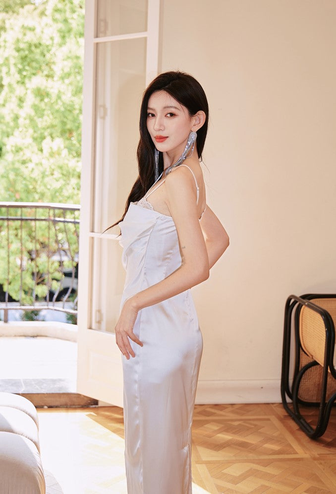 DOLLY Elegant Blue French Style Satin Sleeveless Pleated Hip Long Slit Dinner Dress-AVA