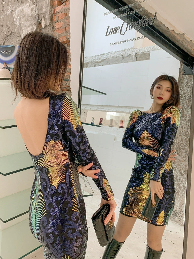 DOLLY Elegant Crew Neck Long Sleeve Slim Fit Short Sequin Party Dress-CONNIE