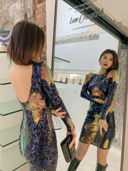 DOLLY Elegant Crew Neck Long Sleeve Slim Fit Short Sequin Party Dress-CONNIE