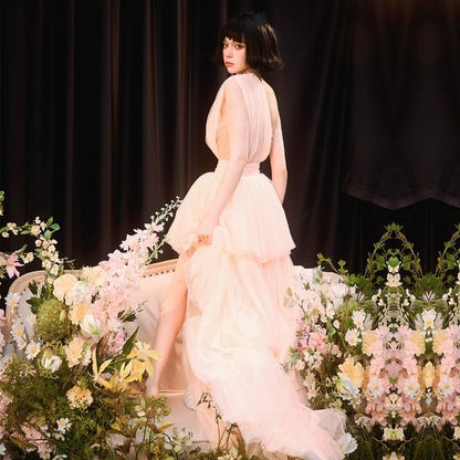 DOLLY Elegant Peach Mesh Off Shoulder Sleeveless High Waist Tutu Dress-MEDUSA  (V)