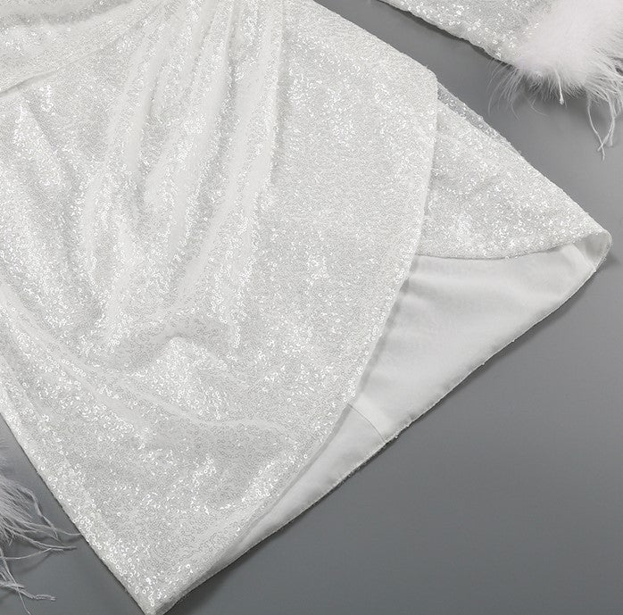 DOLLY Elegant White Crew Neck Long Sleeve Short Sequin Sexy Birthday Dress-LAYLA