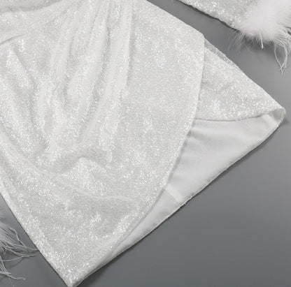 DOLLY Elegant White Crew Neck Long Sleeve Short Sequin Sexy Birthday Dress-LAYLA