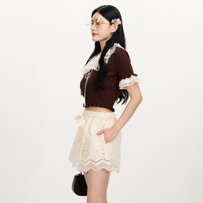 FAME Embroidered Lace Collar Knitted Top- BENTLY