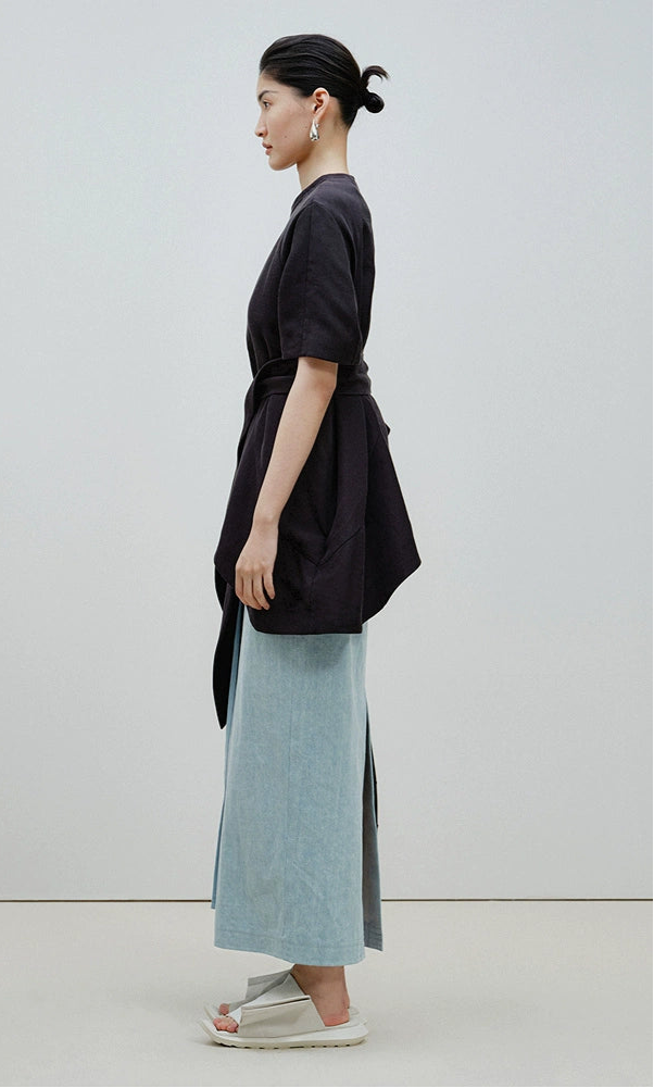 ZHUCHONGYUN summer blue belt loose straight length denim skirt-SOMA.