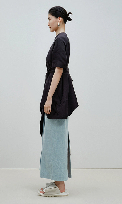 ZHUCHONGYUN summer blue belt loose straight length denim skirt-SOMA.