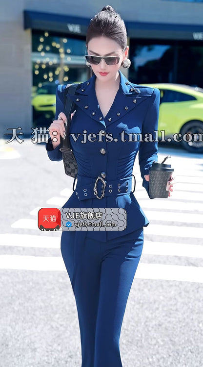 VJE Skirt OL Jacket Micro Flared Pants Two-Piece Set - HIHI.