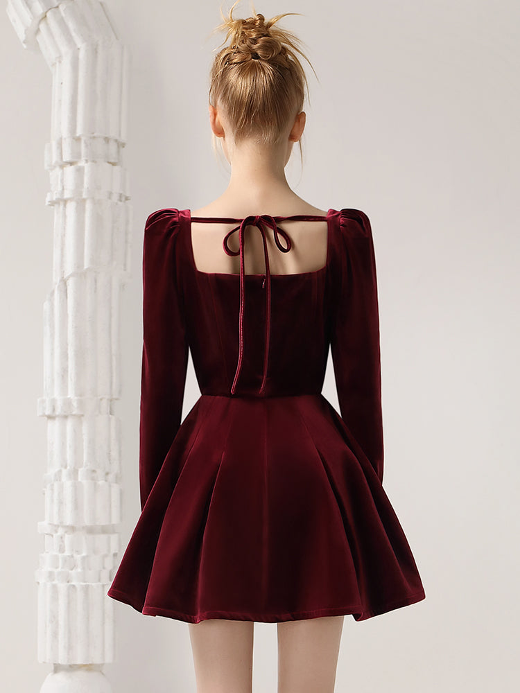 CHECOCRE Elegant French Vintage Cherry Banque Velvet Red Short Dress - TRANS