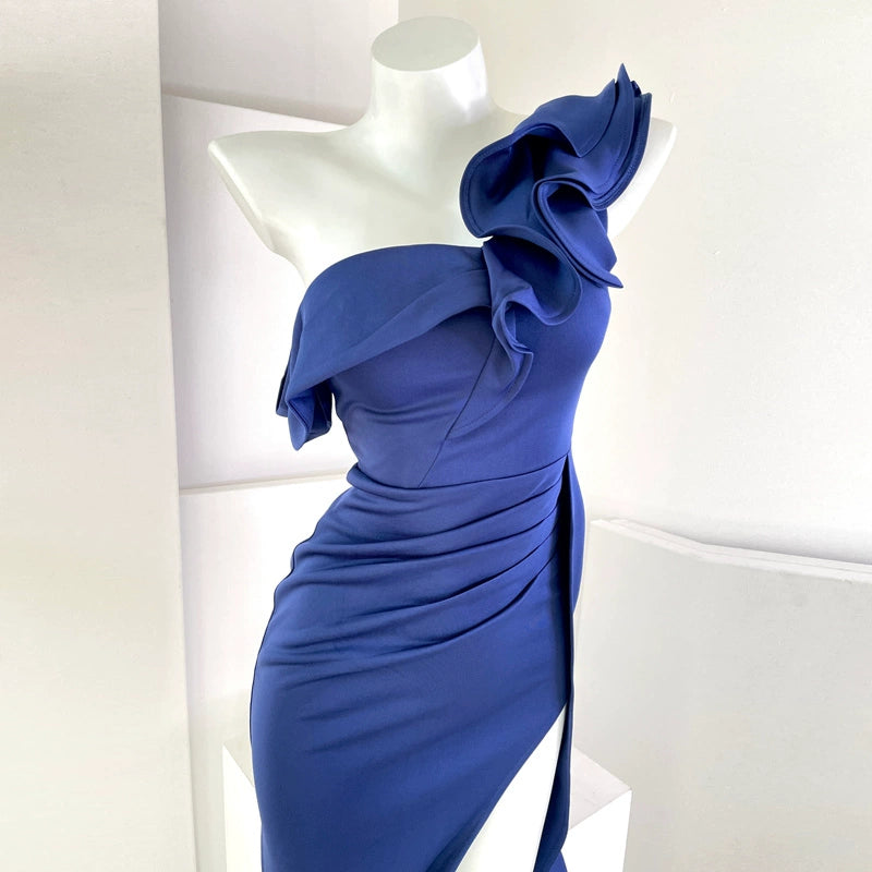 DOLLY Elegant Ruffled Off Shoulder Slim Fit Pleated Fish Tail Dinner Dress-EDITH