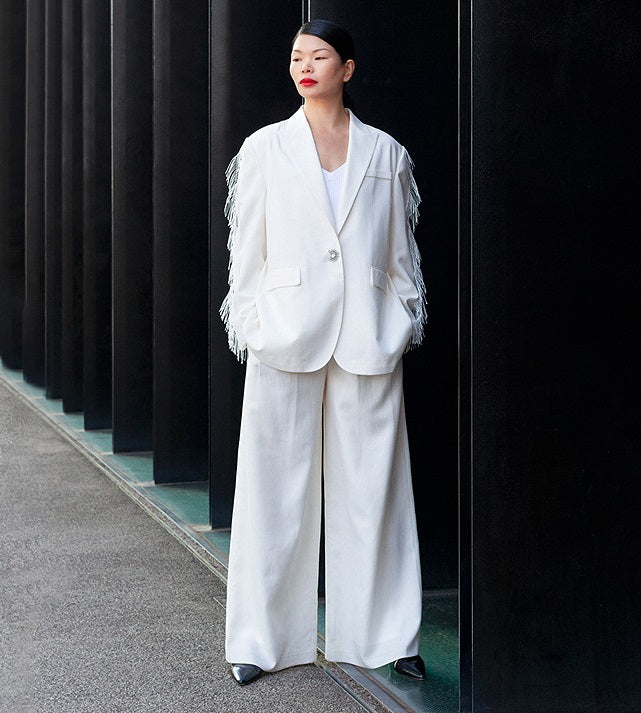 COMME MOI Lu Yan designer new women's fringed lace triacetic acid wide suit - WORRY.