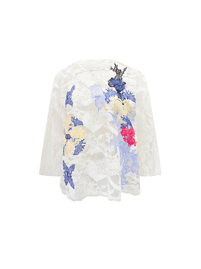 M essential Mackay designer White Lace atelier layered lace inlay top blue velvet pant- olay.