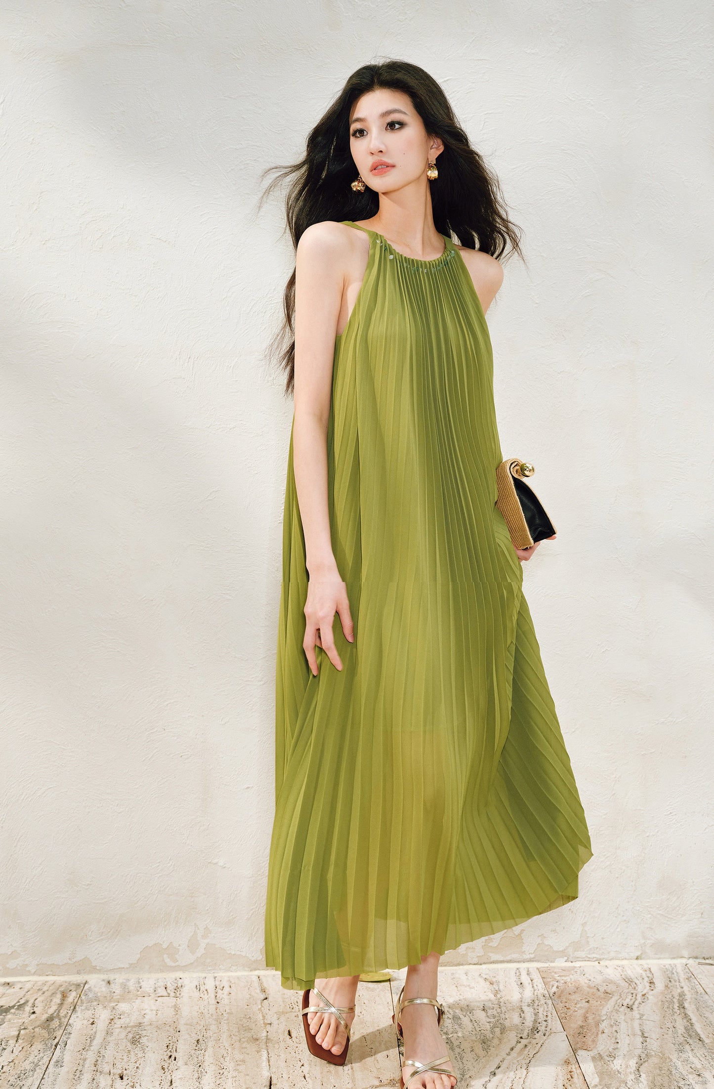 WANGXO | Natural Stone Beaded Halterneck Flowing A-Line Umbrella Skirt -ZENA