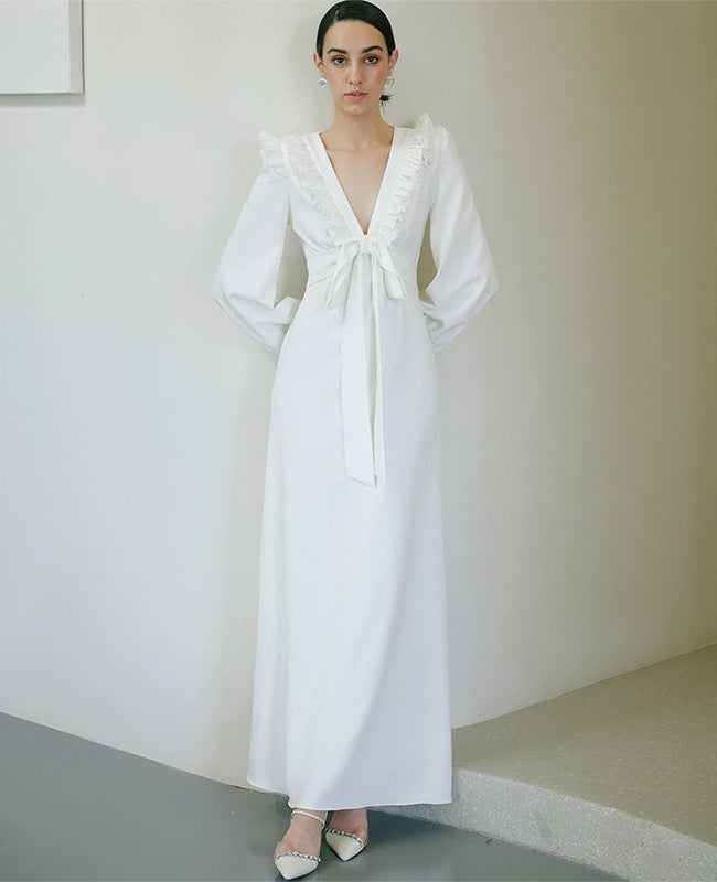 GOUDIN Small white long sleeves party evening dresses-MIA.
