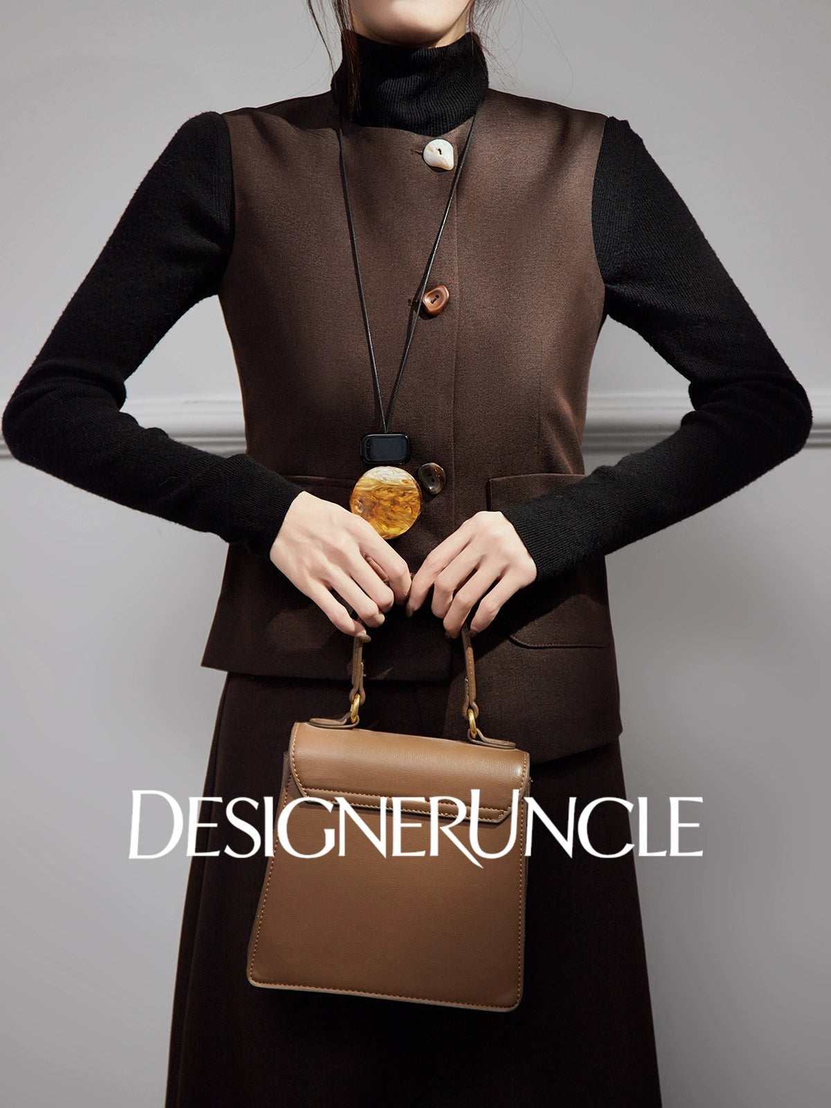 DGU |Coffee color asymmetrical design niche light luxury vest skirt two-piece set - Stephan.