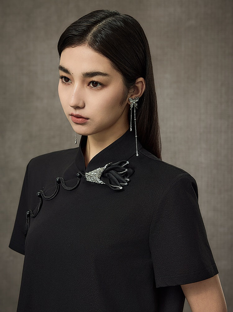 HECO Summer Handmade Orchid Winding Mandarin Neckline Short Sleeve Top - FLIGHT.