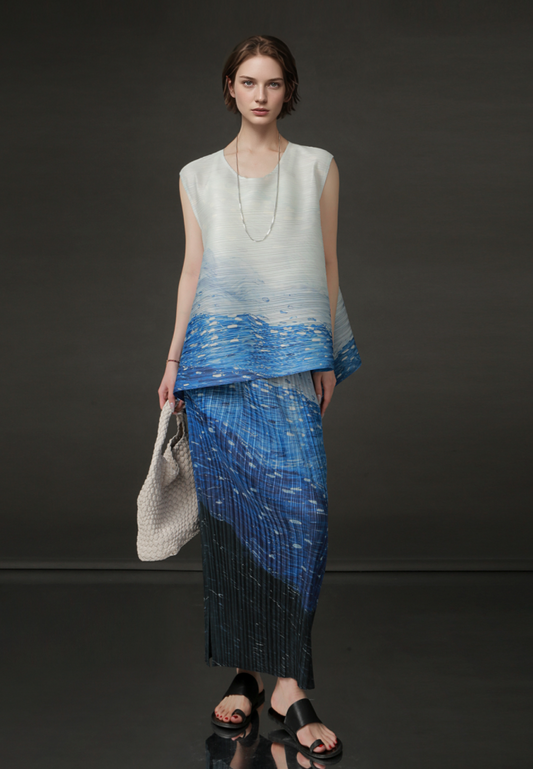 PIAOIN Gradient Pleated Suit Women's Irregular Sleeveless T-Shirt Hip Skirt Summer-AUDREY