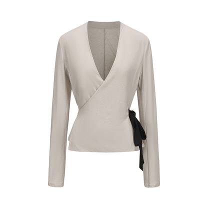 ATELIER MISS LU Lace-up Design Soft Waxy Knit Wrap Top - PEA