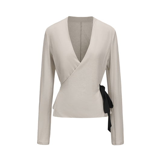 ATELIER MISS LU Lace-up Design Soft Waxy Knit Wrap Top - PEA