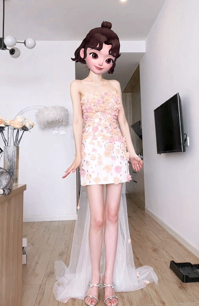 DOLLY Luxury French Style Chest Wrap Flower Sleeveless Backless Short Dress-PALMA