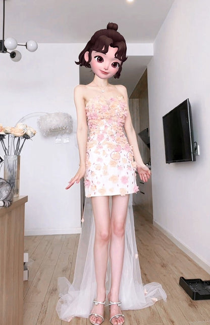 DOLLY Luxury French Style Chest Wrap Flower Sleeveless Backless Short Dress-PALMA