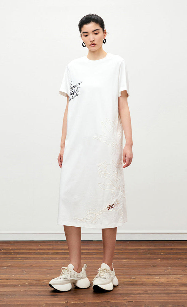 ZHUCHONGYUN ribbed crew neck long cotton printed t-shirt dress-VIOLET.