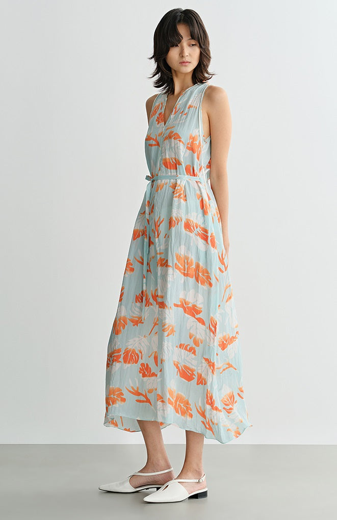 COMME MOI Lv Yan Designer Summer Women's V-Neck Sleeveless Resort Print Dress - OLIVIA.