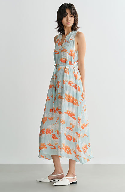 COMME MOI Lv Yan Designer Summer Women's V-Neck Sleeveless Resort Print Dress - OLIVIA.