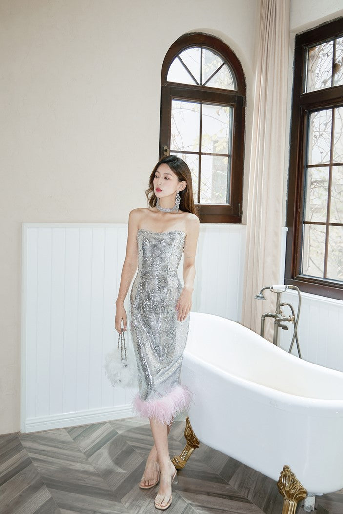 DOLLY Luxury Sleeveless Sequin Tube Top High Waist Feather Fish Tail Midi Cocktail Dress-BROOKE