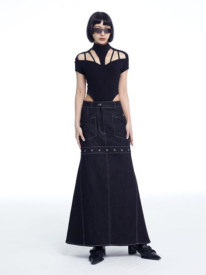 TINY IN black denim women's long a-line skirt -SALEM