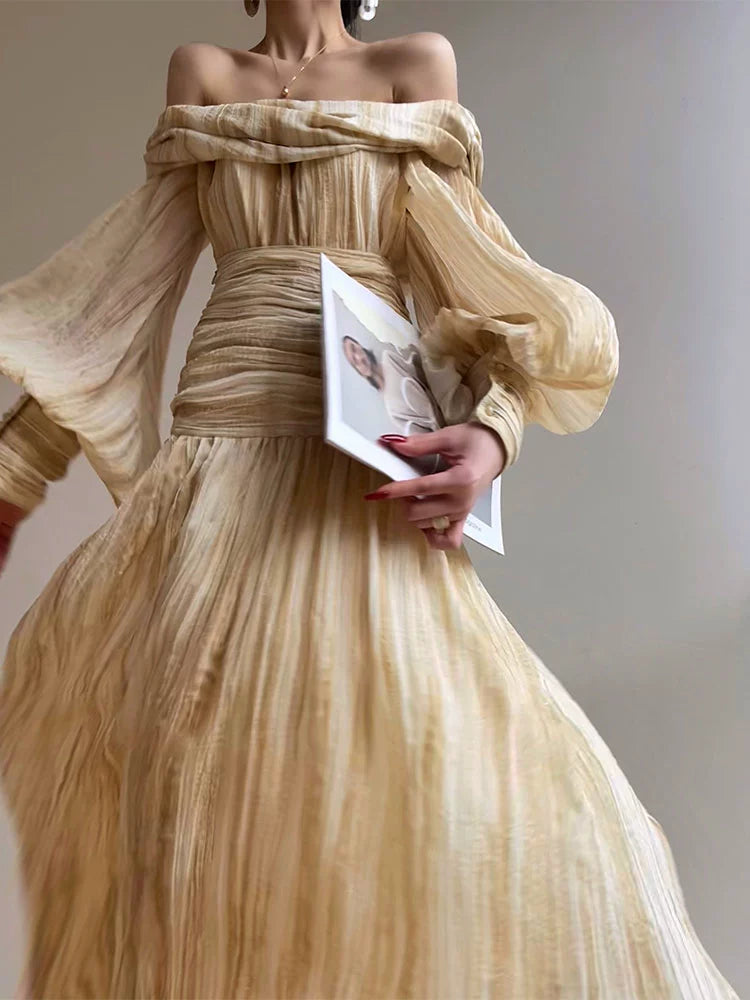 Aconiconi Elegant Wave Pattern Long Sleeve Loose Wedding Guest Dress- Dune