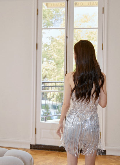 DOLLY Elegant Chest Wrap Glittering Tassel Tube Top Beaded Short Sexy Dress-LENORA  (V)