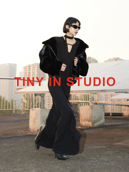 TINY IN fur short collar black coat-DANTE