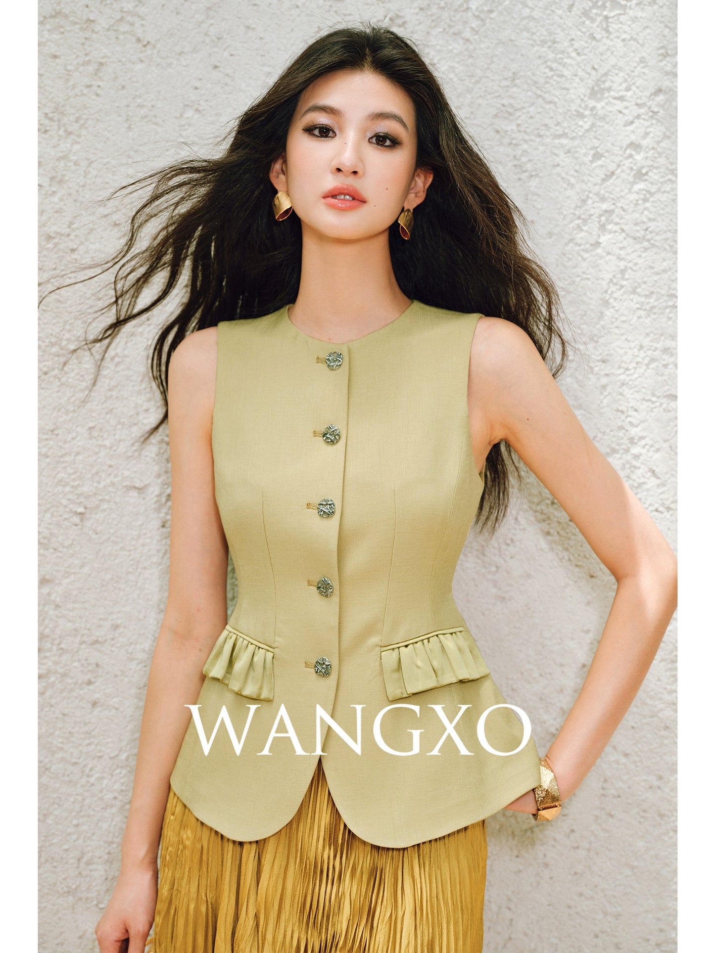 WANGXO |Custom Metal Buckle Round Neck Umbrella Hem Waist Vest- KIRA.