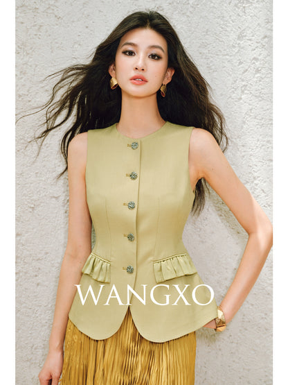 WANGXO |Custom Metal Buckle Round Neck Umbrella Hem Waist Vest- KIRA.