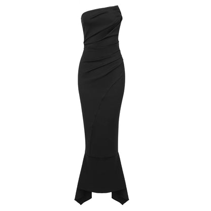 DOLLY Luxury Black Retro Chest Wrap Sleeveless Pleated Slim Fit Mermaid Dinner Dress-IVORY