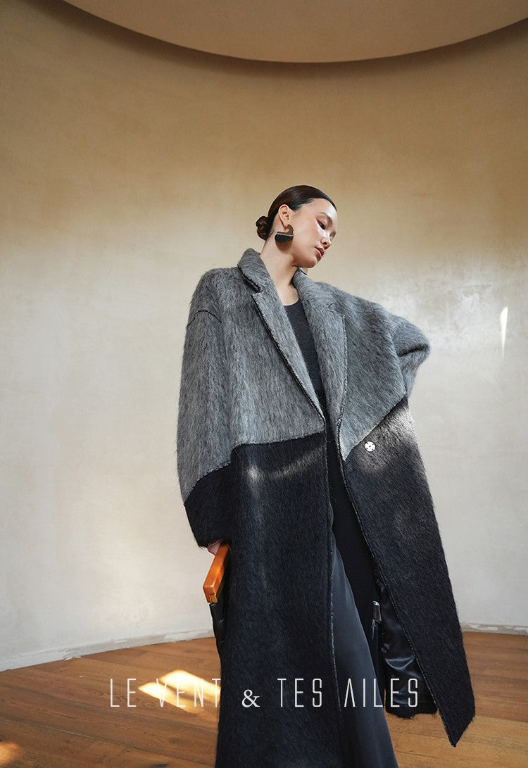 LE VENT&TES AILES French luxury fine long color-block wool coat -ALEC.