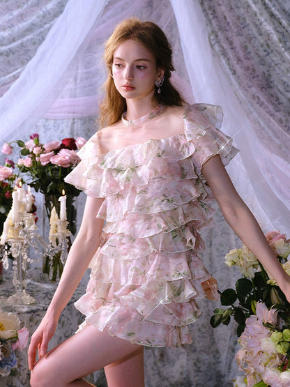 Wardrobes by Chen Elegant Short Sleeve Flower Print Party Short Dress-Dami