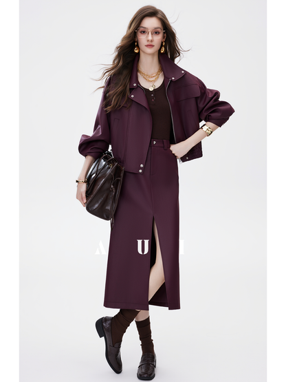 AUI Quiet Luxury Style Stand Collar Jacket Slit A-Line Skirt Two-Piece Set -  Eun Ae!