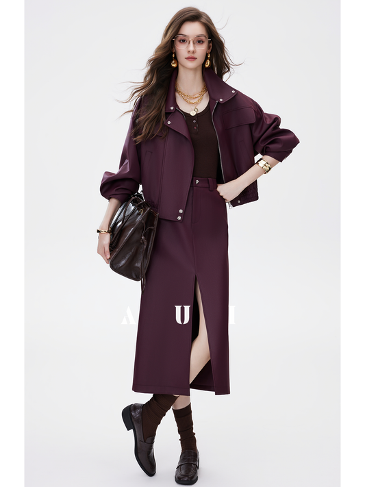 AUI Quiet Luxury Style Stand Collar Jacket Slit A-Line Skirt Two-Piece Set -  Eun Ae!