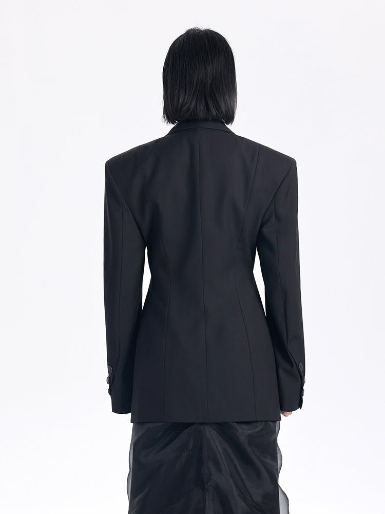 TINY IN casual black cut-out collar waist coat-SYAD