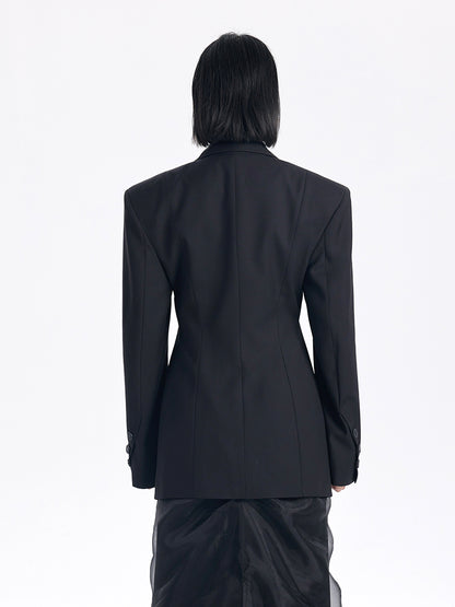 TINY IN casual black cut-out collar waist coat-SYAD