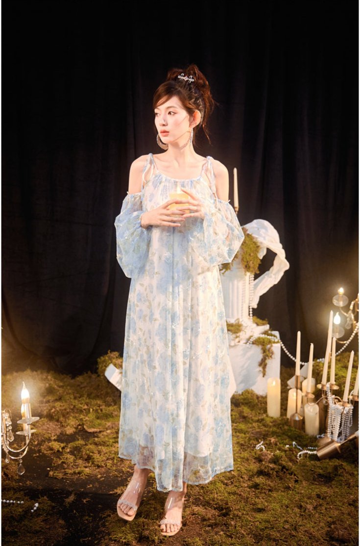 DOLLY Elegant Blue French Style Floral Off Shoulder Loose Glitter Resort Dress-TEE